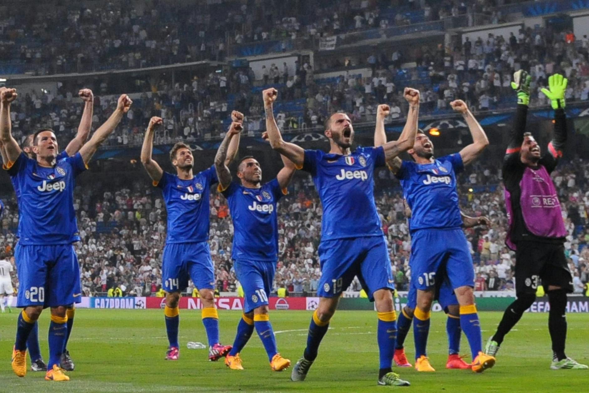 Im Mai 2015 jubelt Leonardo Bonucchi (3.v.r.) mit Juventus Turin im Bernabéu-Stadion. Das 1:1 im Halbfinal-Rückspiel reichte nach dem 2:1-Sieg in Turin für den Einzug ins Endspiel der Champions League.