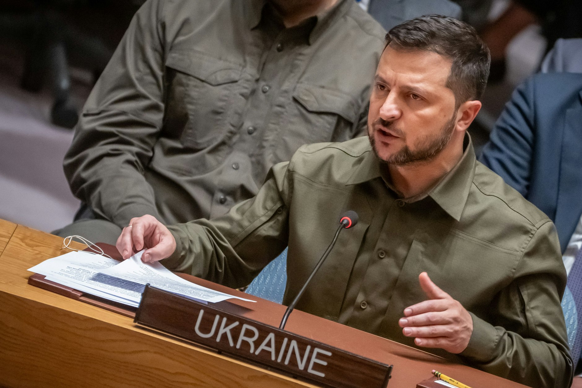 Wolodymyr Selenskyj, Präsident der Ukraine, nimmt an der Sitzung des UN-Sicherheitsrates zum Thema Ukraine teil.