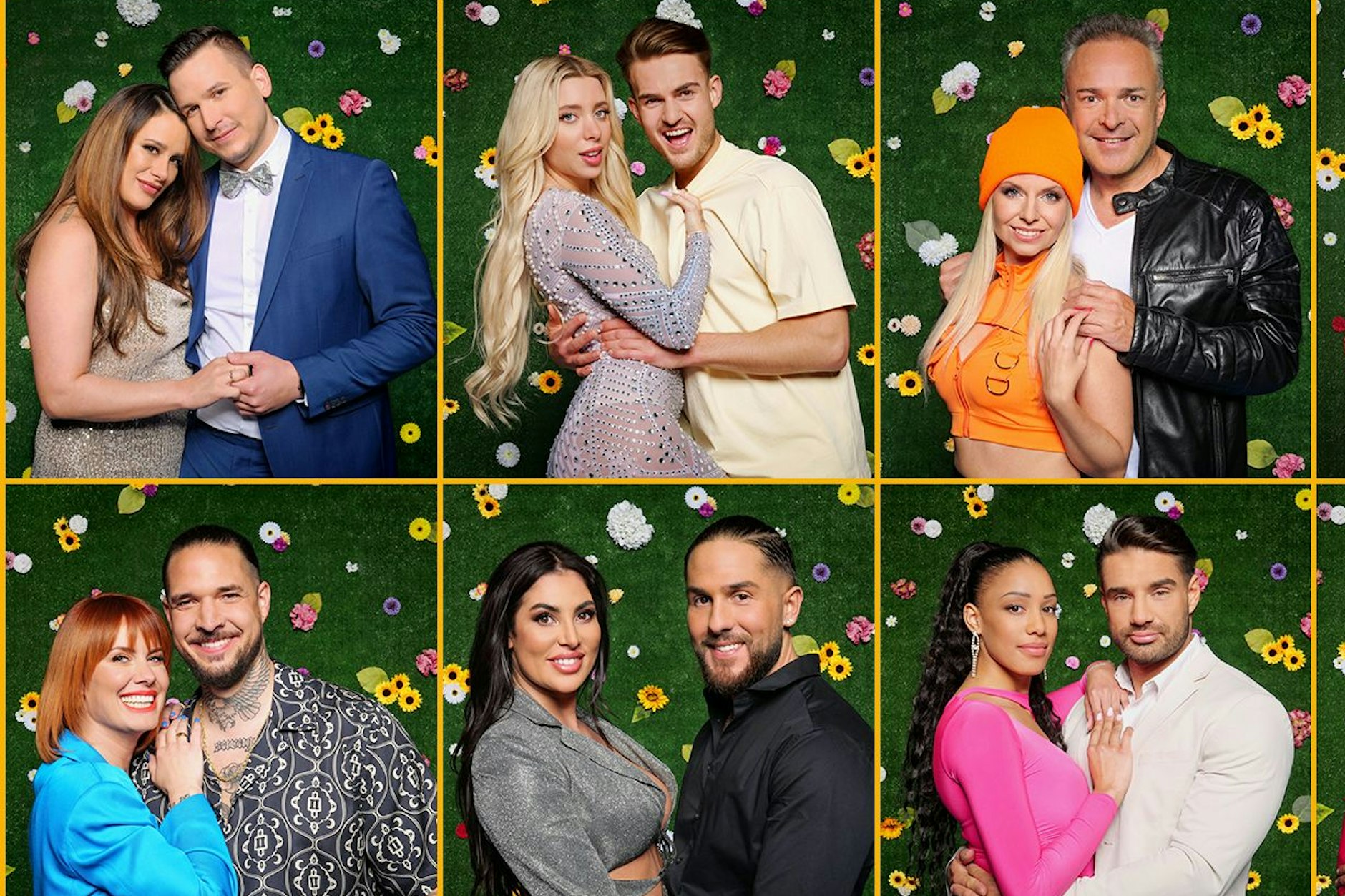 Die „Sommerhaus der Stars“-Kandidaten Pia Tillmann und Zico Banach (erstes Paar von links) bekommen Nachwuchs.