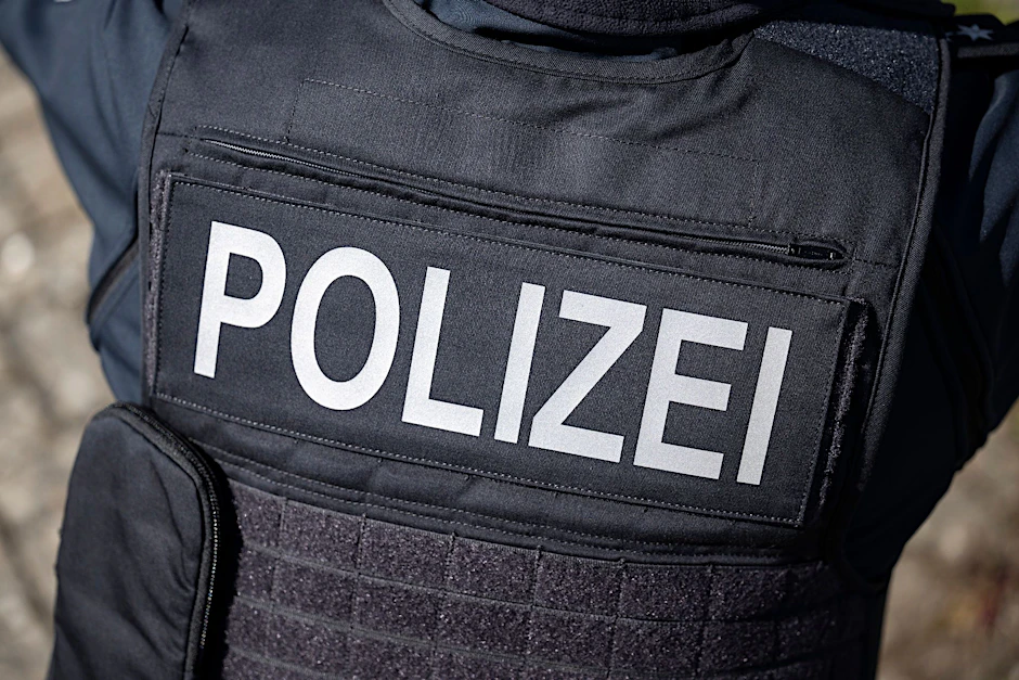 Ein Polizist trägt eine Schutzweste mit der Aufschrift „Polizei“.&nbsp;