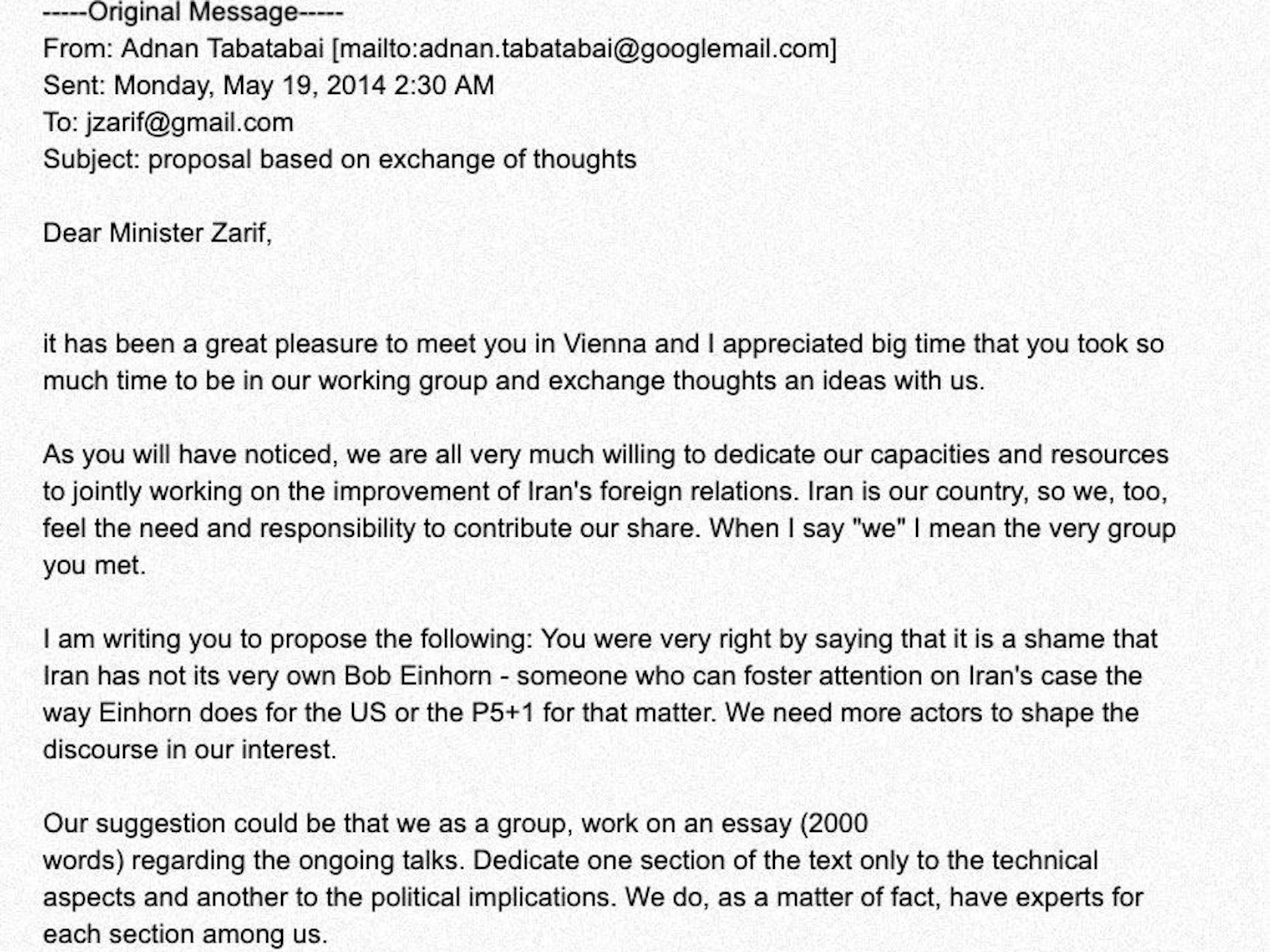 Diese E-Mail soll Adnan Tabatabai an den damaligen iranischen Außenminister Javad Zarif geschrieben haben. Carpo und Tabatabai streiten die Echtheit der E-Mail ab