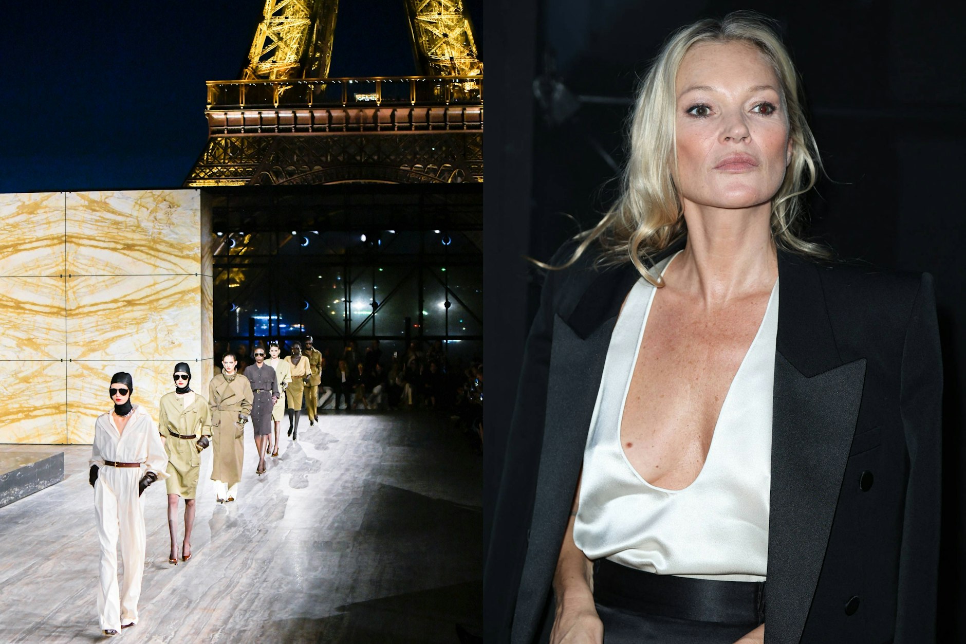 Links der Saint-Laurent-Runway unterm Eiffelturm, rechts Kate Moss