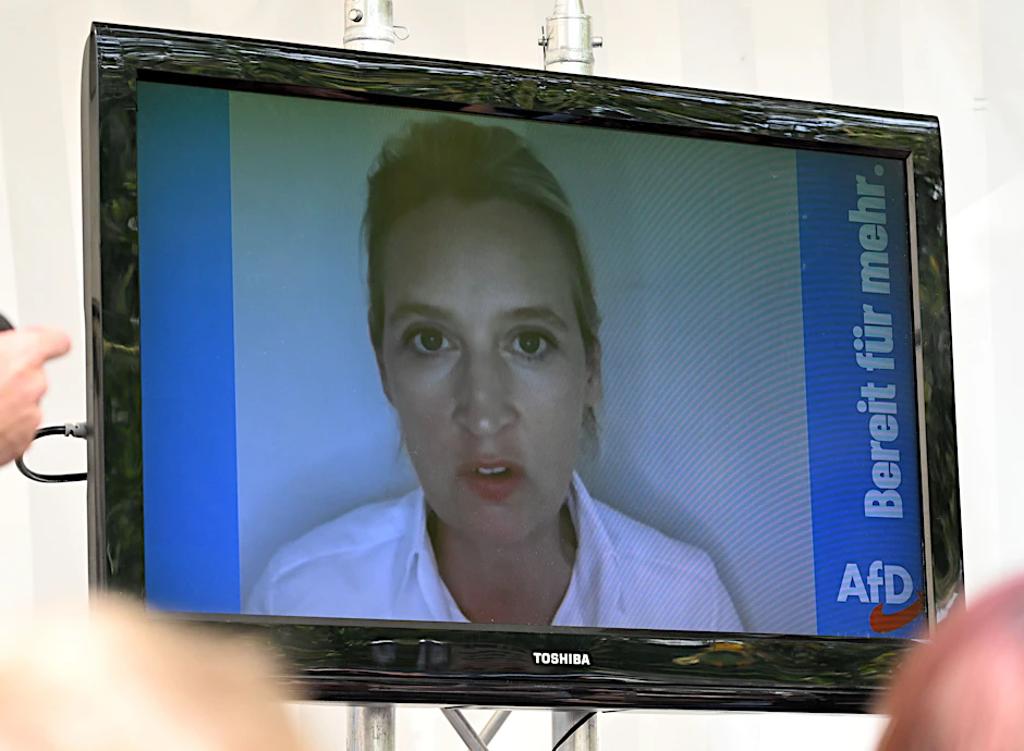 Alice Weidel ist per Videoschalte zur Wahlkampfveranstaltung in Mödlareuth zugeschaltet.