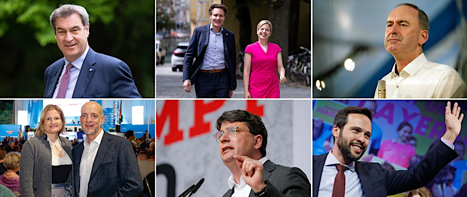 ARCHIV - Markus Söder (CSU, oben l-r), Ludwig Hartmann und Katharina Schulze (Bündnis 90/Die Grünen), Hubert Aiwanger (Freie Wähler), Katrin Ebner-Steiner und Martin Böhm (AfD), Florian von Brunn (SPD) und Martin Hagen (FDP).  