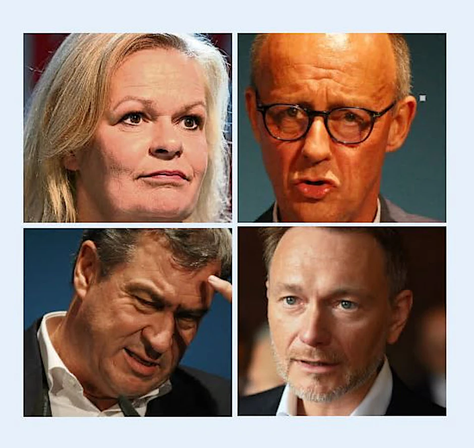 Wahlverlierer: Nancy Faeser, Friedrich Merz, Markus Söder und Christian Lindner.