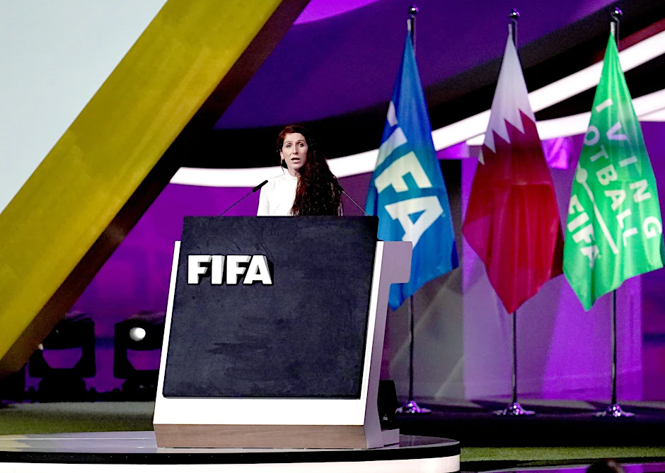 ARCHIV - Lise Klaveness, Präsidentin des norwegischen Fußballverbands, spricht während der Eröffnung des 72. FIFA-Kongresses im Doha Exhibition and Convention Center.  /Archivbild