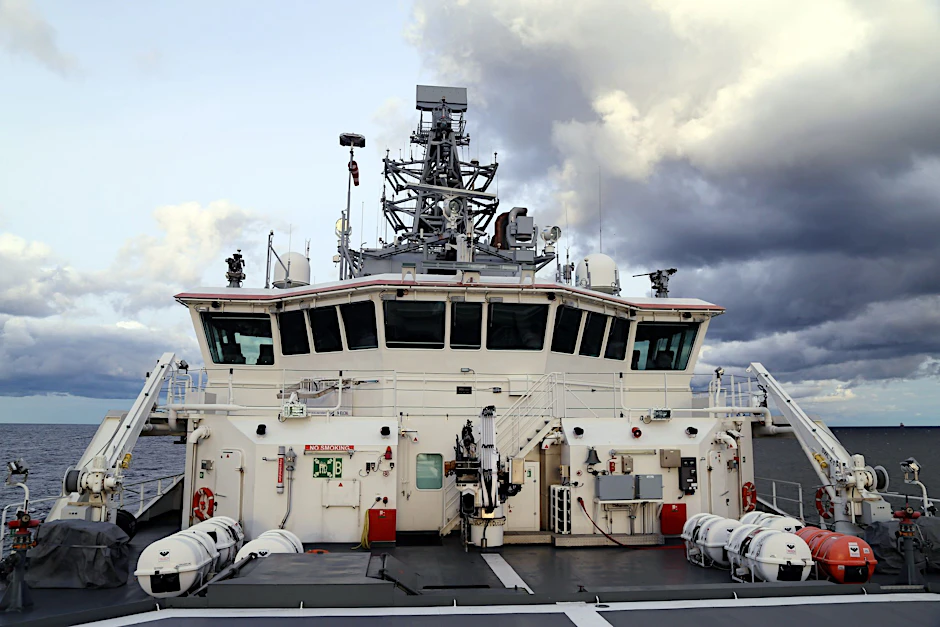 Das Offshore-Schiff Turva des finnischen Grenzschutzes ist auf Patrouille auf der Ostsee in der Nähe der Stelle, an der die beschädigte Balticconnector-Gaspipeline im Finnischen Meerbusen geortet wurde.&nbsp;