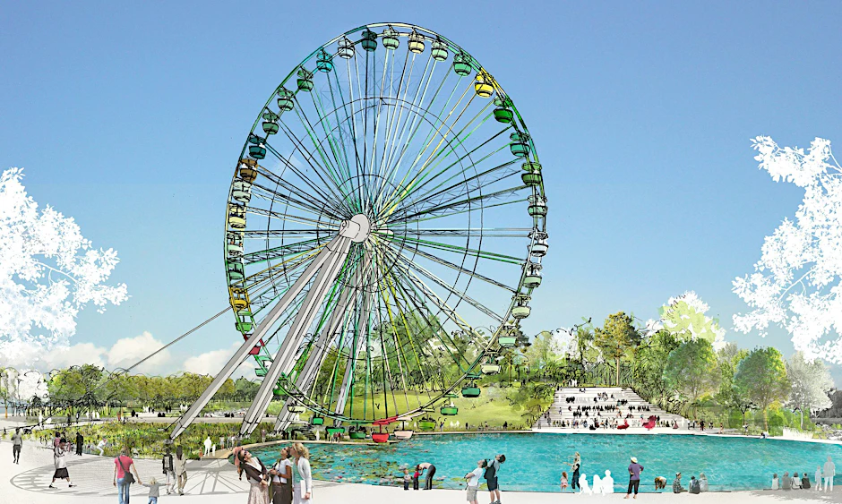 Schön, aber teuer: Ein kleiner See, über dem das historische Riesenrad seine Kreise dreht. So soll in Zukunft das Herz des Berliner Spreeparks aussehen.