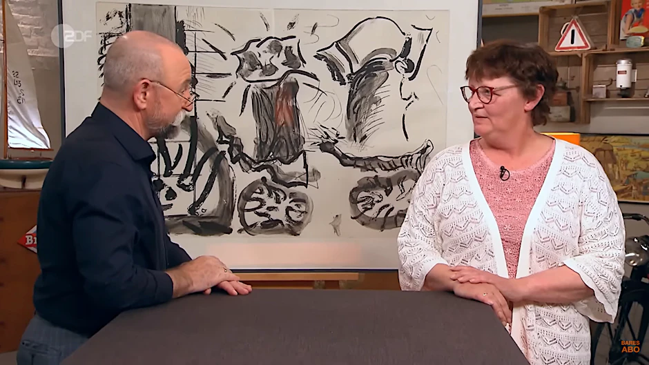 Kandidatin Maria Fedder mit Moderator Horst Lichter bei „Bares für Rares“. Die Bilder, die sie verkaufte, wollte sie eigentlich entsorgen.