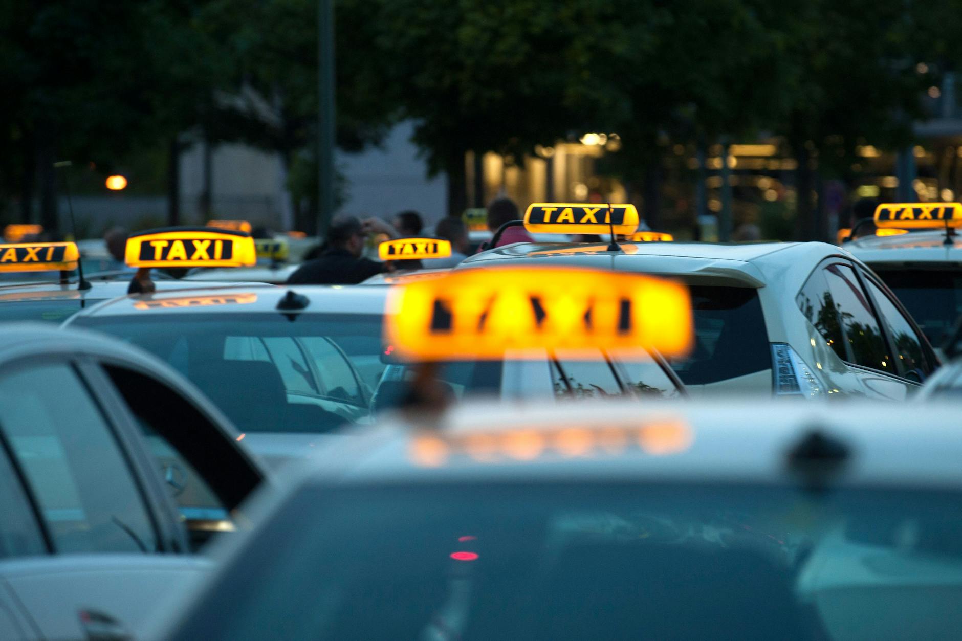 Warten auf Fahrgäste: Taxis in Berlin stehen am Straßenrand. Im August 2023 waren rund 5600 Taxikonzessionen vergeben. 2019 waren in Berlin mehr als 8000 Taxis gemeldet.
