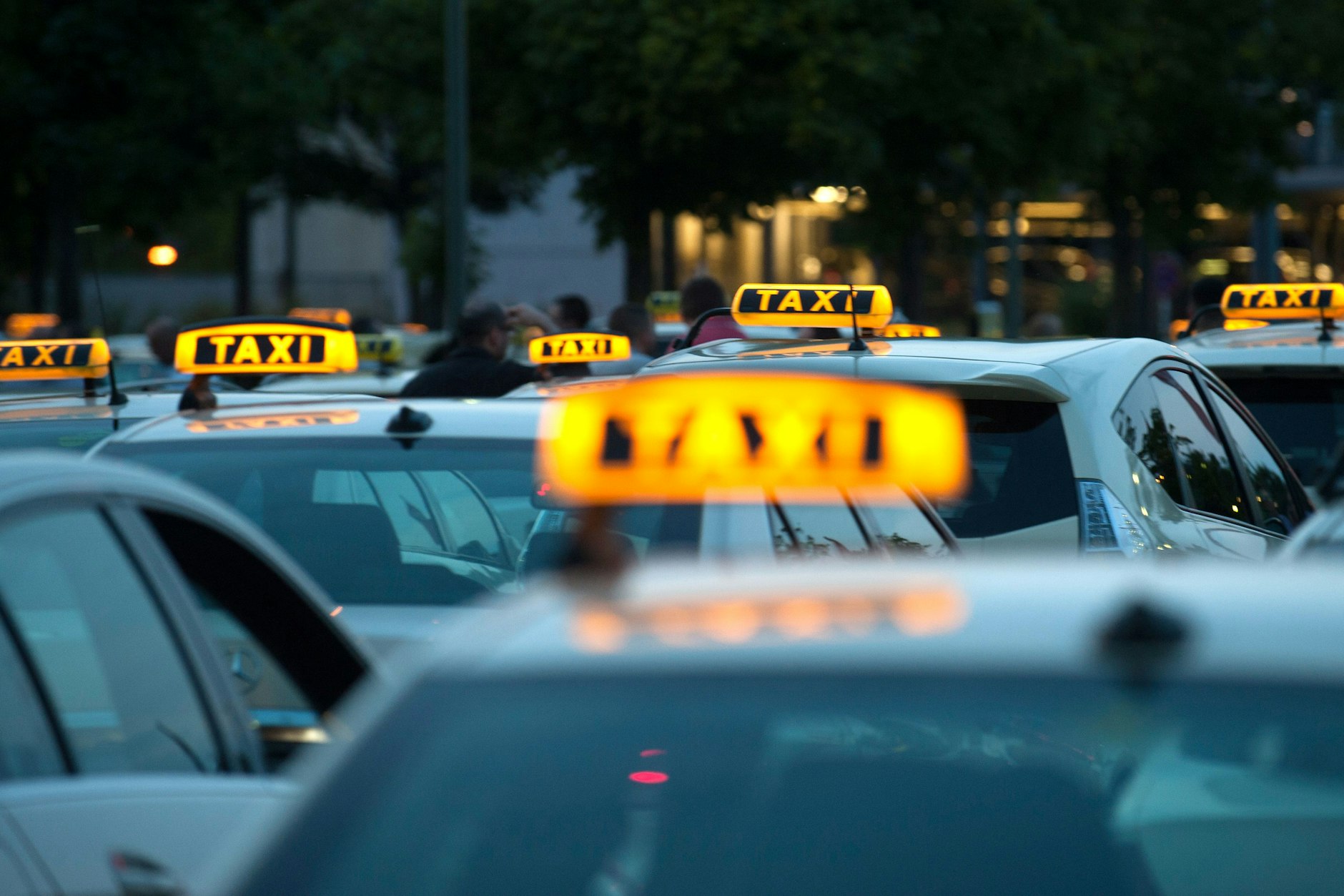 Warten auf Fahrgäste: Taxis in Berlin stehen am Straßenrand. Im August 2023 waren rund 5600 Taxikonzessionen vergeben. 2019 waren in Berlin mehr als 8000 Taxis gemeldet.
