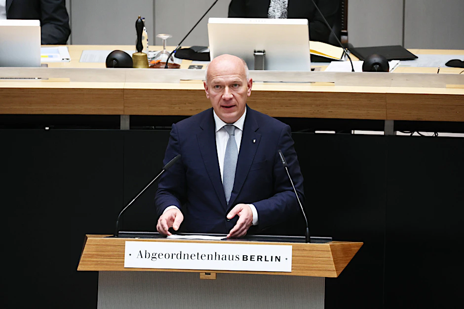 Der Regierende Bürgermeister Kai Wegner bei seiner Regierungserklärung im Abgeordnetenhaus.&nbsp;&nbsp;