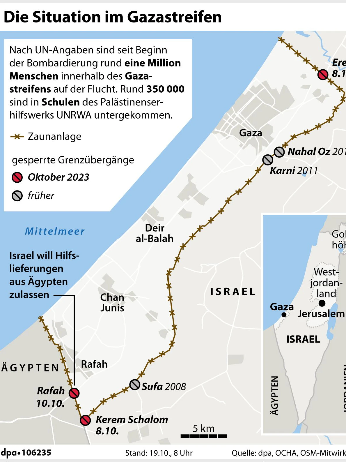 Grafik-Karte Nr. 106235, 110 x 135 mm, "Karte des Gazastreifen mit Grenzübergängen und dem Sicherheitszaun entlang der Grenze"; Grafik: P. Massow, Redaktion: B. Jütte, B. Schaller
