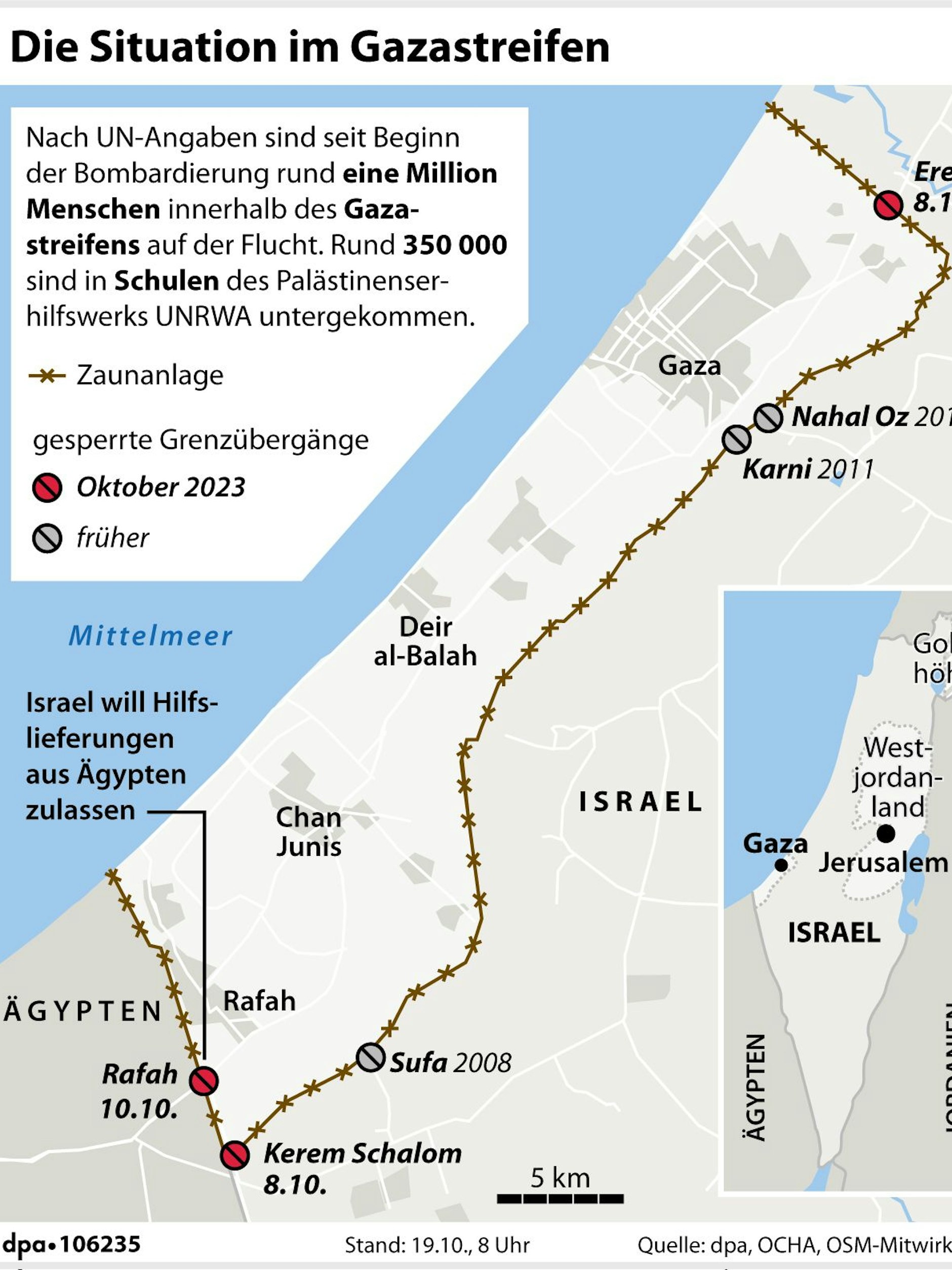 Grafik-Karte Nr. 106235, 110 x 135 mm, &quot;Karte des Gazastreifen mit Grenzübergängen und dem Sicherheitszaun entlang der Grenze&quot;; Grafik: P. Massow, Redaktion: B. Jütte, B. Schaller