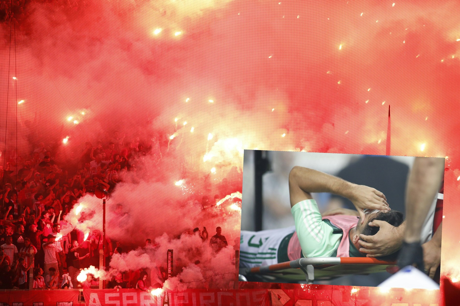 Panathinaikos-Profi Juankar wurde im Derby gegen Olympiakos von einem Böller verletzt und ins Krankenhaus gebracht. 