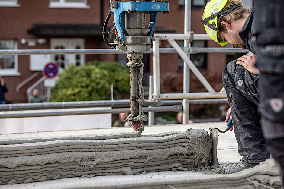 Ein Arbeiter inspiziert die Baustelle eines Mehrfamilienhauses aus dem 3D-Drucker.  