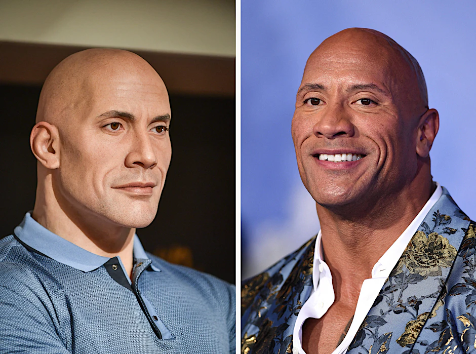Ein Mann, zwei Hauttöne: links die Wachsfigur, rechts das Original Dwayne Johnson