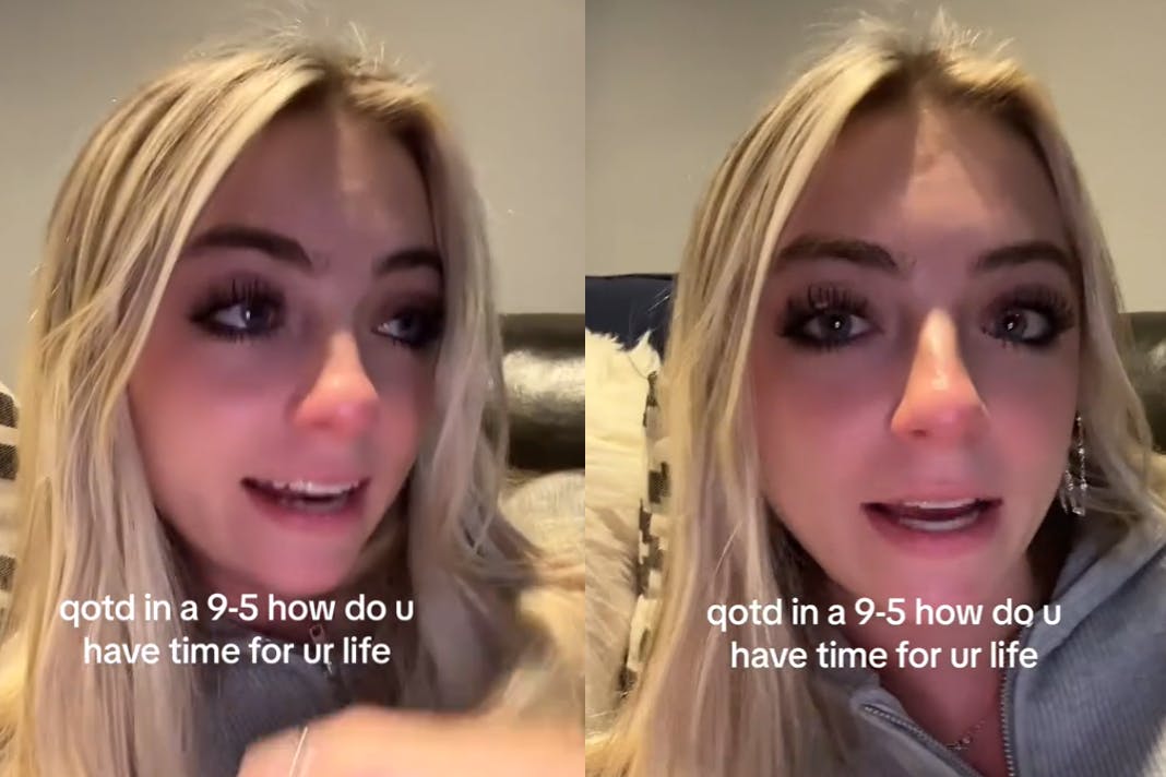 Die junge Frau, die sich auf Tiktok brielleybelley123 nennt, weint nach ihrem ersten Acht-Stunden-Arbeitstag.