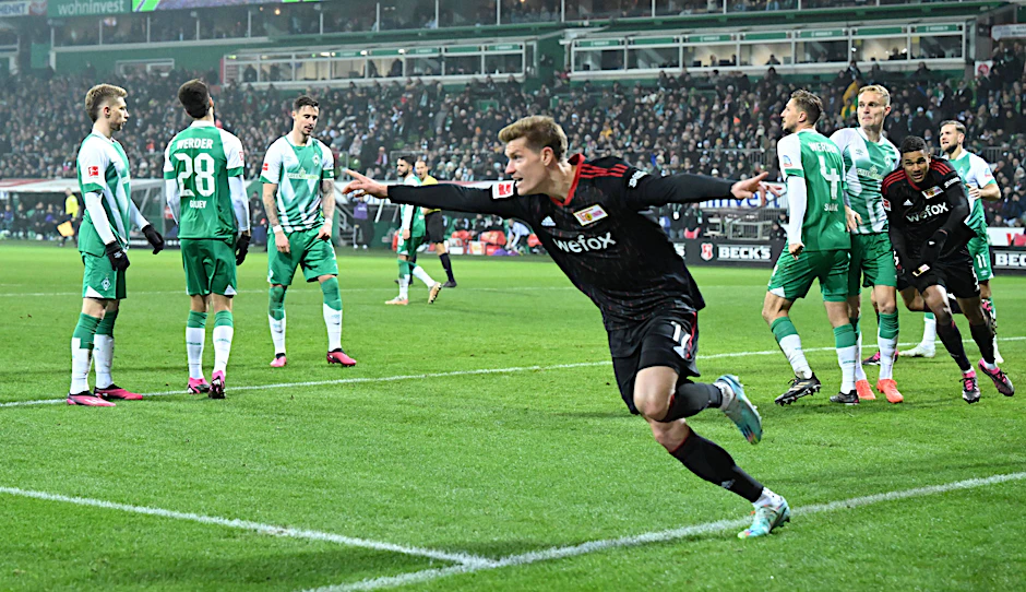 25. Januar im Weserstadion: Kevin Behrens wurde nach seinem Kopfballtor zum 2:1 bei Werder Bremen zu Unions Überflieger.
