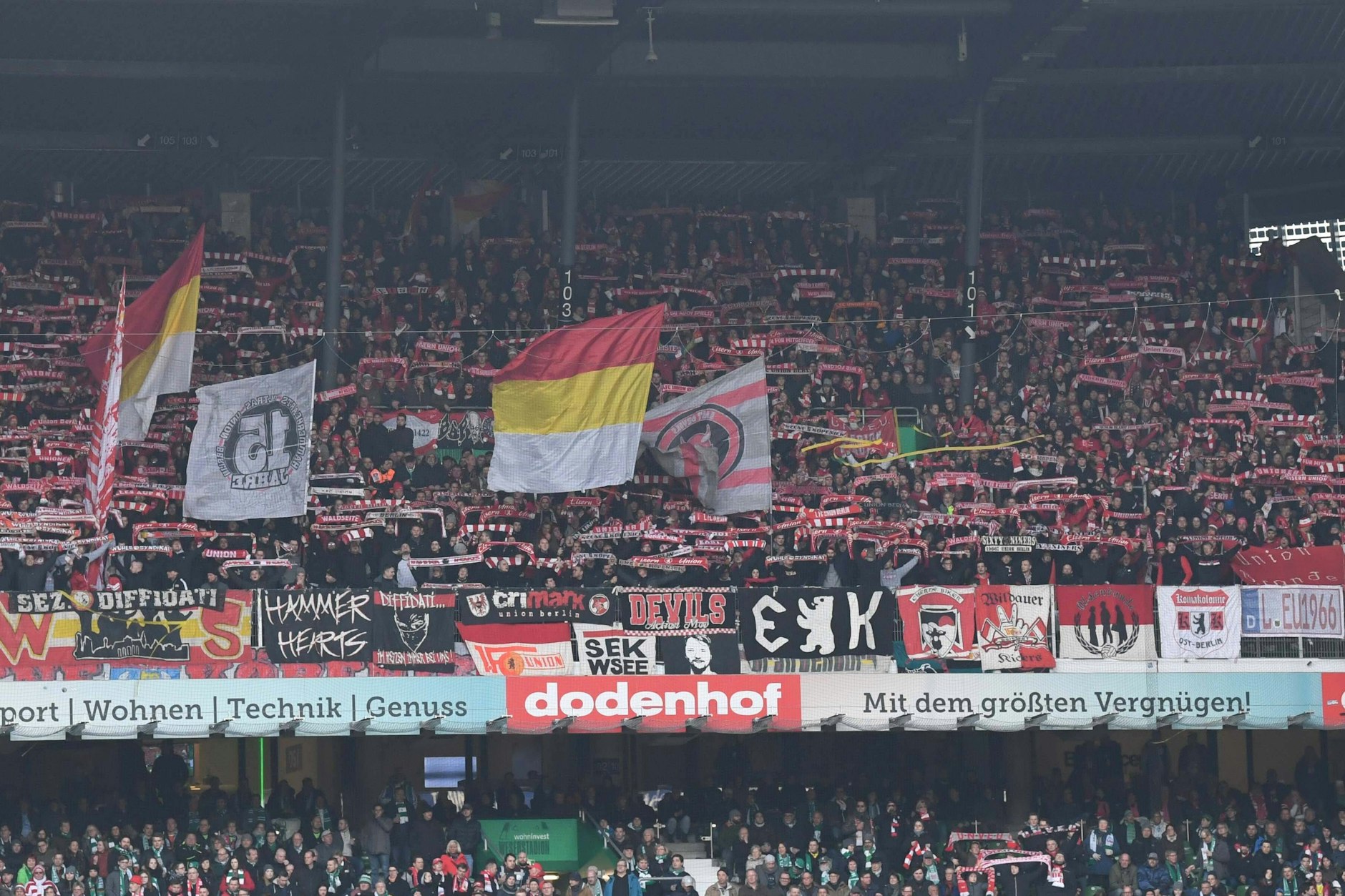 Auf die Fans des 1. FC Union ist auch beim Spiel bei Werder Verlass. Rund 4000 eiserne Anhänger sind in Bremen dabei.