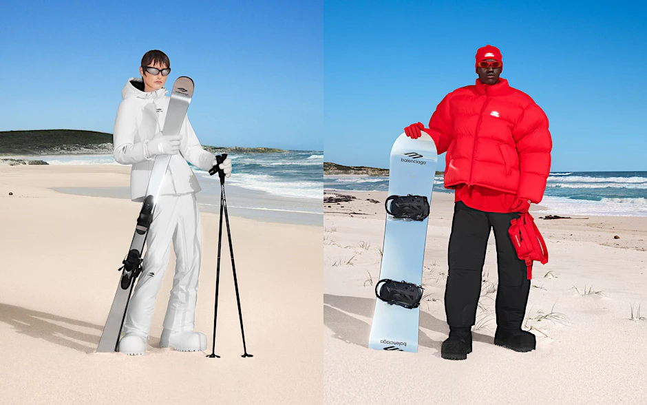 Balenciagas Beach-Look: Pulli, Pufferjacke, Skihose, Stiefel, Mütze, Handschuhe. Das komplette Outfit kostet pro Person um die 10.000 Euro, exklusive Sportgeräte.