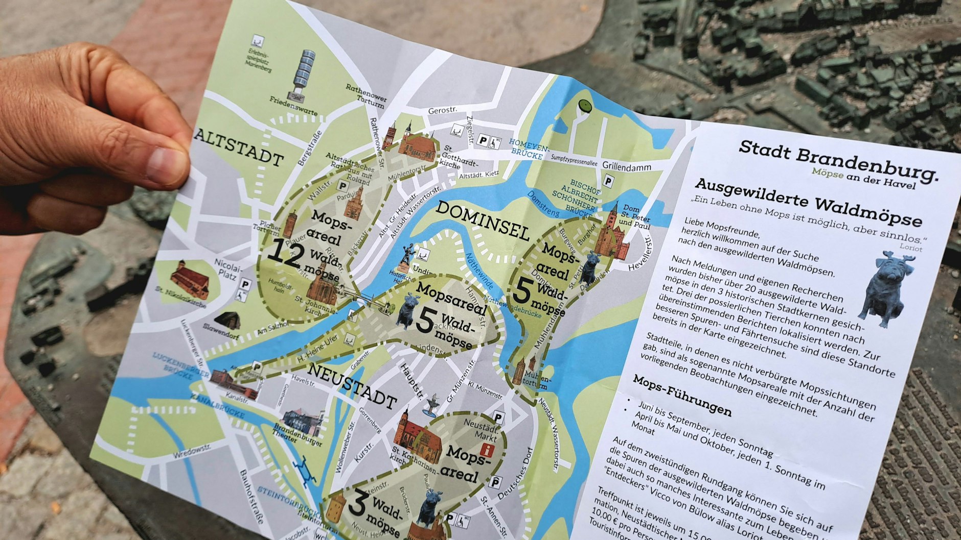 Ein Stadtplan zeigt auf, wo Waldmops-Skulpturen in Loriots Geburtsstadt Brandenburg an der Havel stehen.