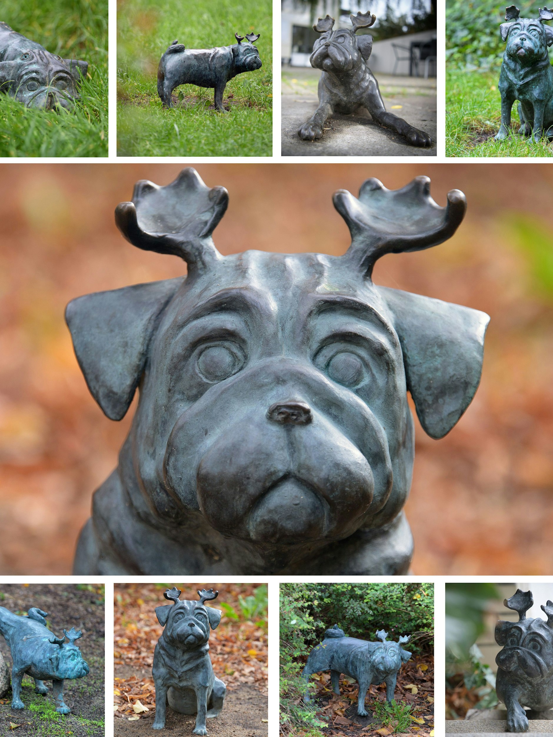Diese Waldmöpse stehen als Kunstfiguren, basierend auf einer Erfindung des Humoristen Loriot, an verschiedenen Orten in Brandenburg an der Havel.