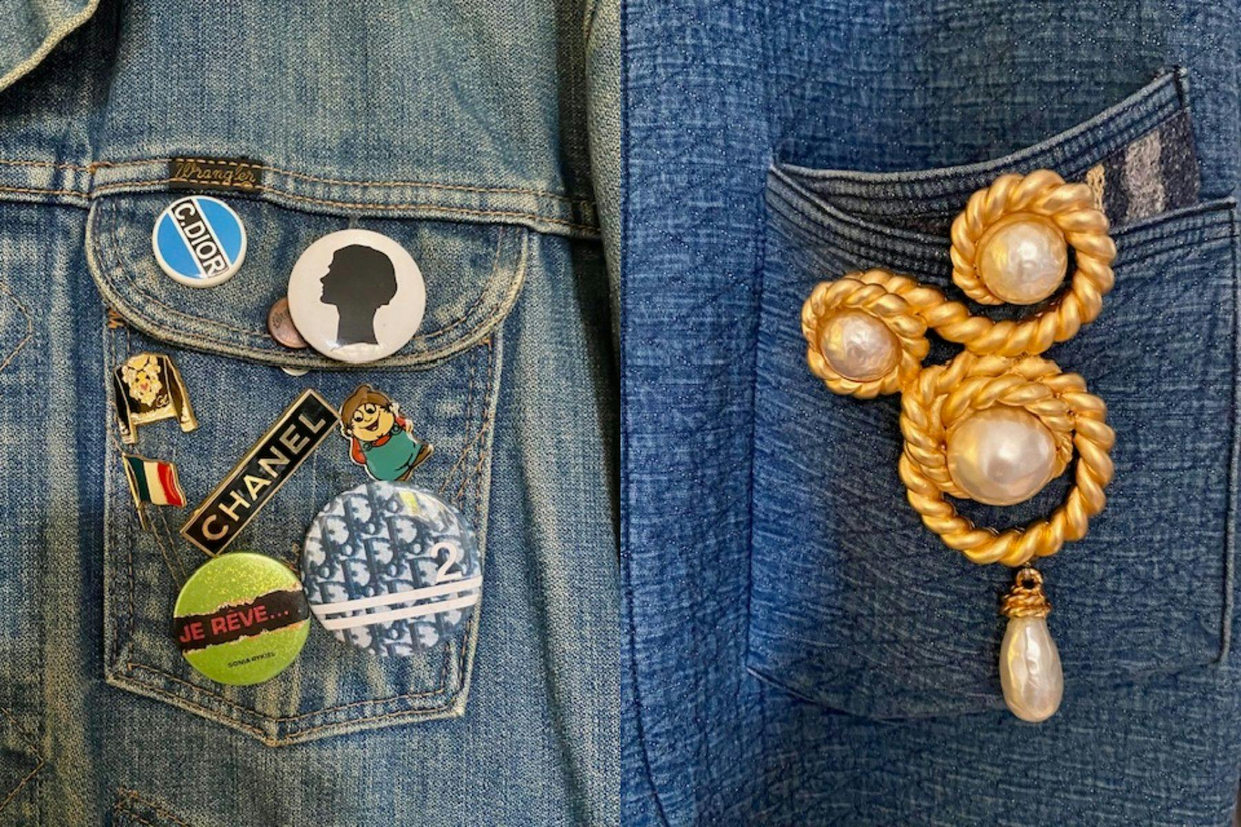 Dior, Rykiel, Chanel und Mainzelmännchen: Dieser Mix ist ein Stilbruch - und gerade deswegen modern. Rechts ist eine Chanel-Brosche aus der 1990er Spring/Summer Prêt-à-porter-Kollektion zu sehen.