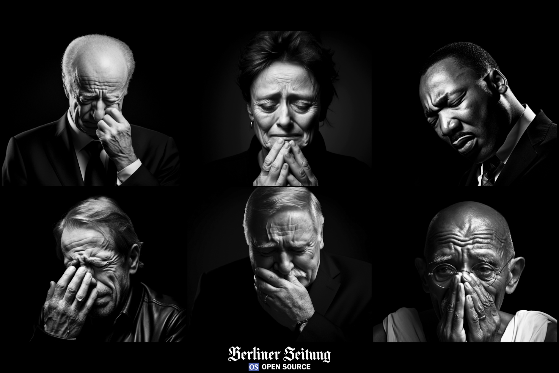 Sechs Bilder von Bürgerrechtlern und Friedensaktivisten, verfremdet durch KI. Die Personen von links oben nach rechts unten: Jitzchak Rabin, Bärbel Bohley, Martin Luther King, Václav Havel, Lech Wałęsa, Mahatma Gandhi.