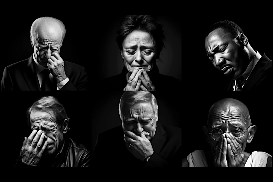 Sechs Bilder von Bürgerrechtlern und Friedensaktivisten, verfremdet durch KI. Die Personen von links oben nach rechts unten: Jitzchak Rabin, Bärbel Bohley, Martin Luther King, Václav Havel, Lech Wałęsa, Mahatma Gandhi.