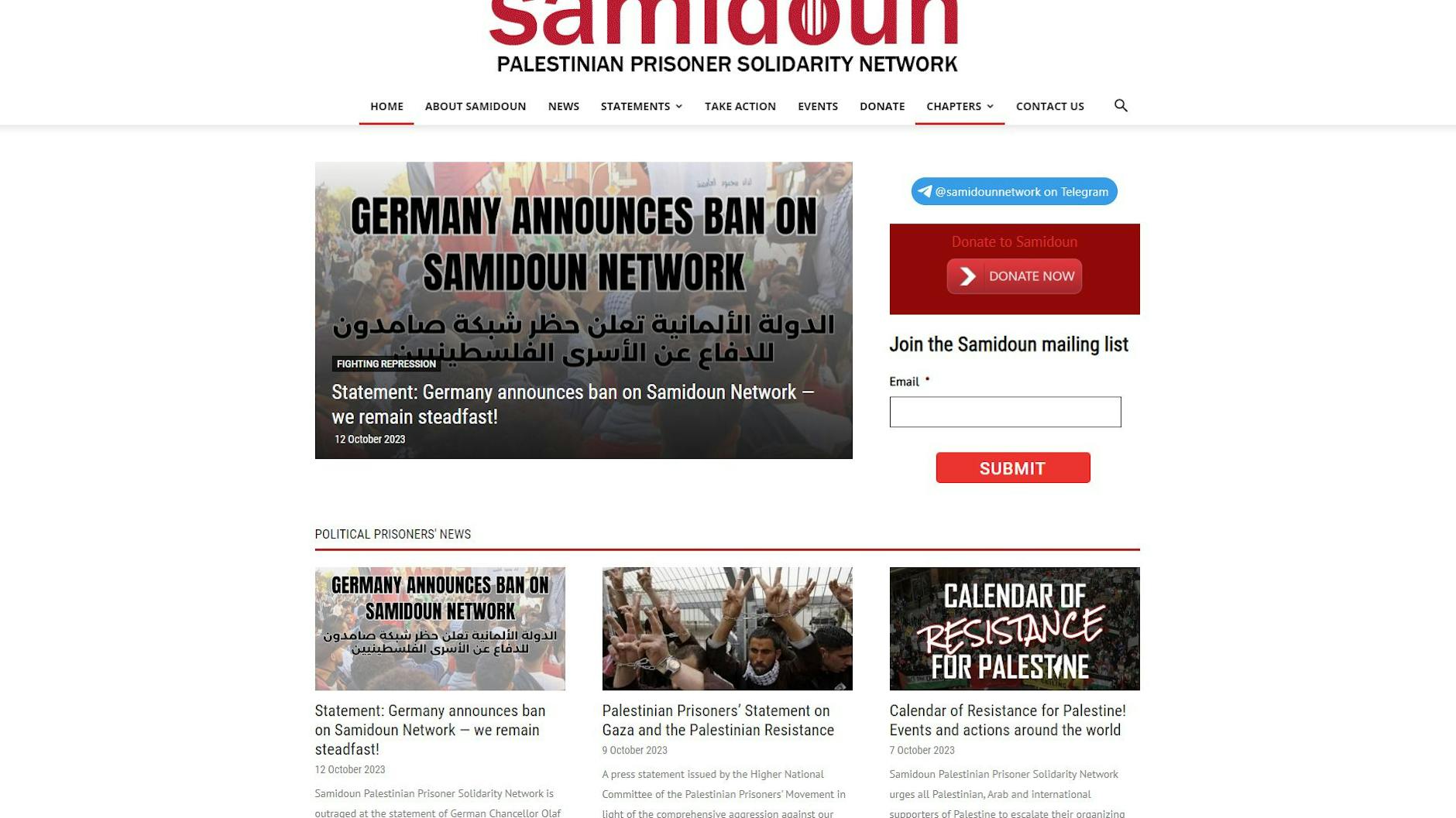 Das Bildschirmfoto, aufgenommen am 13.10.2023, zeigt die Webseite des pro-palästinensischen Netzwerks Samidoun. Aktivitäten in den Sozialen Medien werden verboten. 