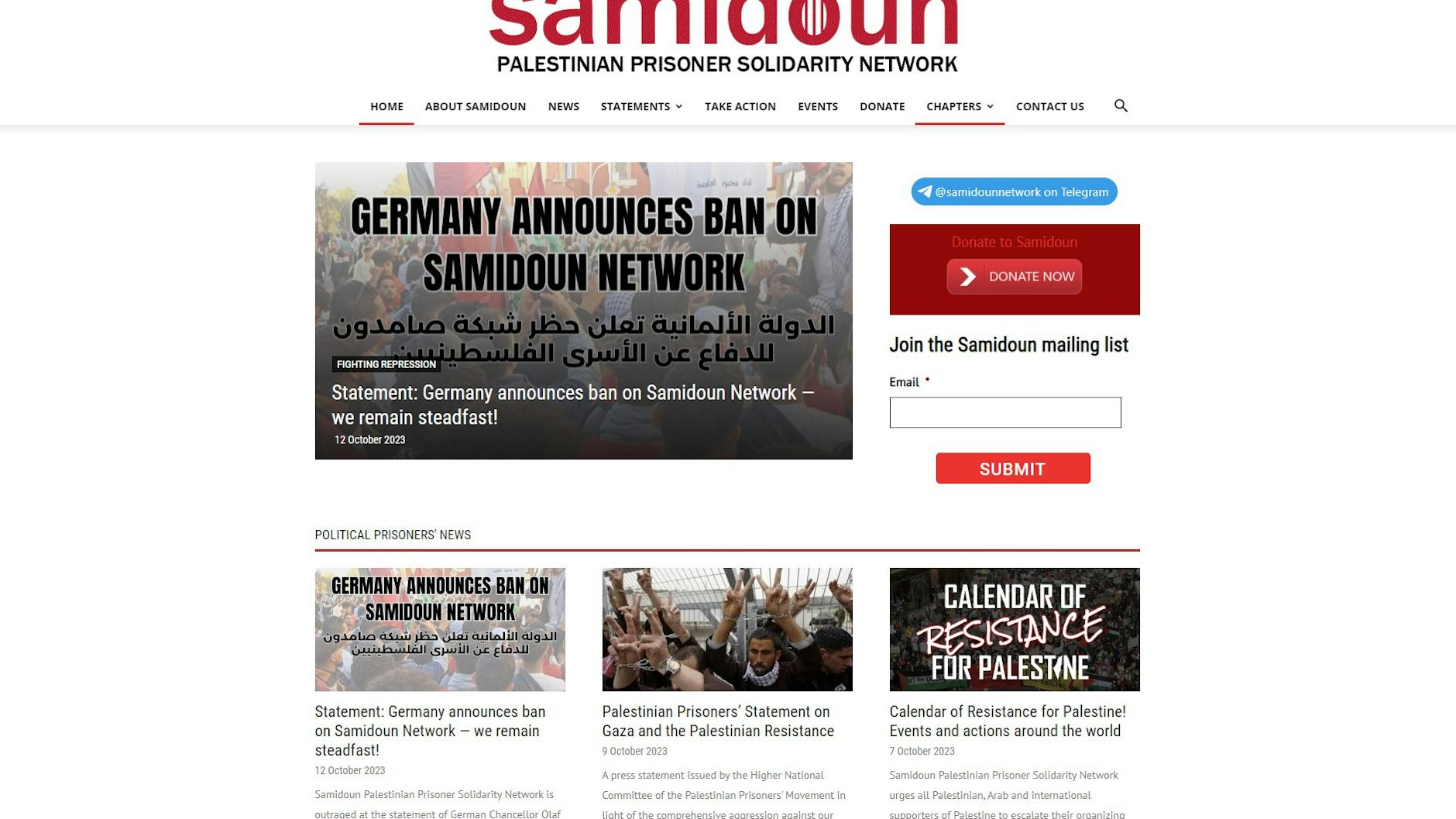 Das Bildschirmfoto, aufgenommen am 13.10.2023, zeigt die Webseite des pro-palästinensischen Netzwerks Samidoun. Aktivitäten in den Sozialen Medien werden verboten.&nbsp;
