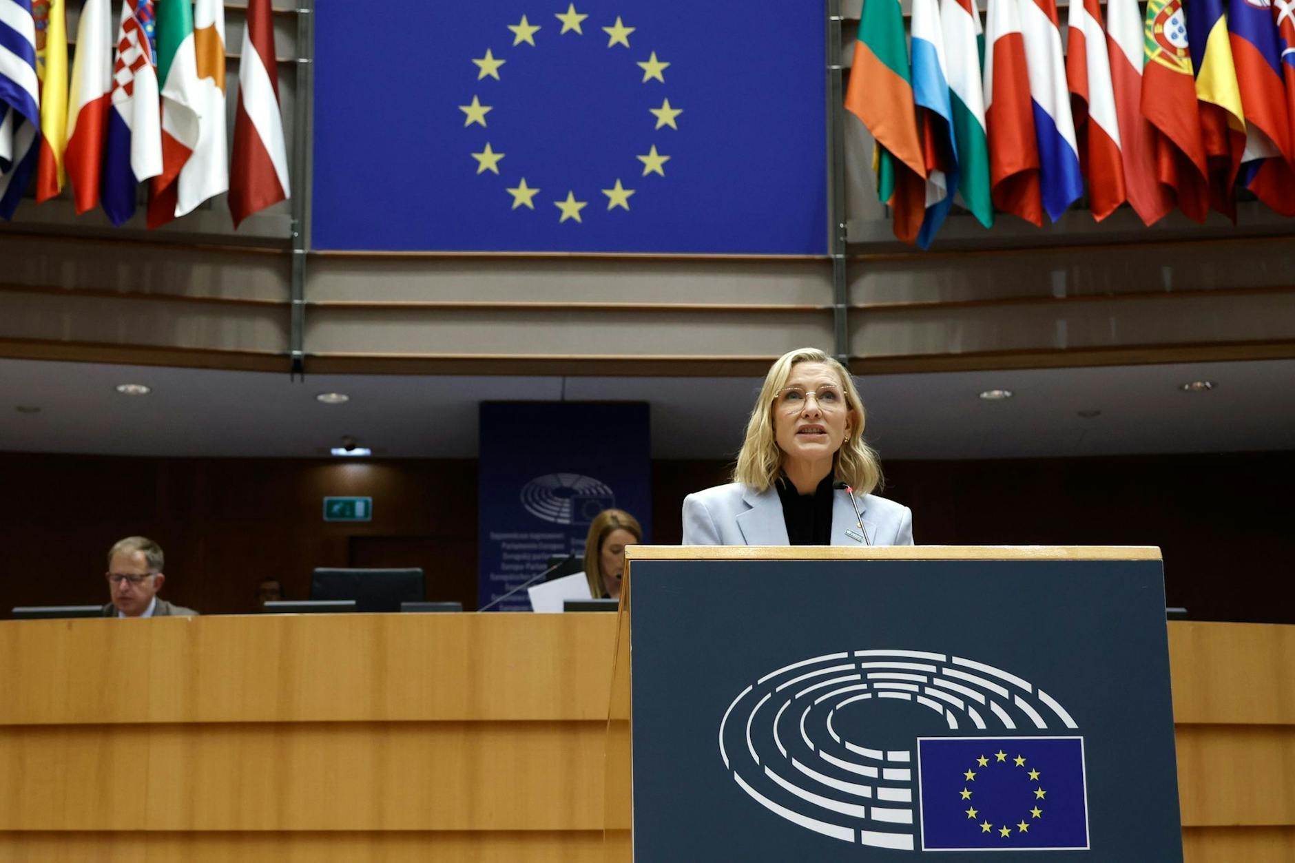 Cate Blanchett, australisch-US-amerikanische Schauspielerin und Sonderbotschafterin des Hohen Flüchtlingskommissars der Vereinten Nationen, spricht vor dem Europäischen Parlament.