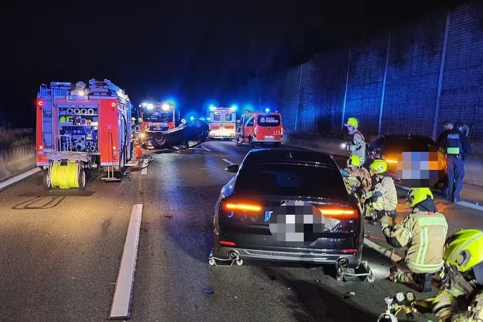 Rettungskräfte am Einsatzort auf der Autobahn 113.