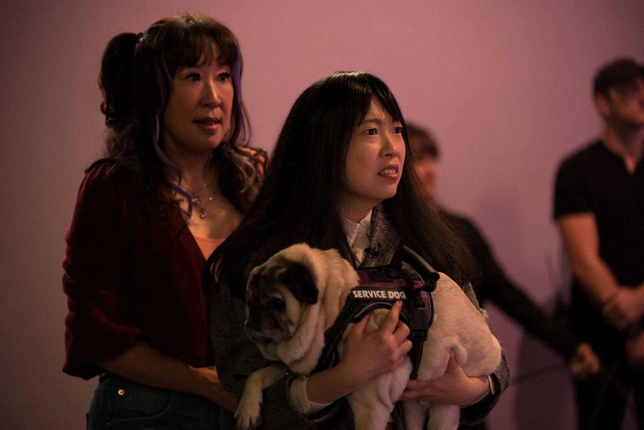 HANDOUT - Sandra Oh (l) als Jenny Yum und Awkwafina als Anne Yum trägt Mr. Linguini (Crosby Cookie) in der Komödie «Quiz Lady» auf dem Arm.  udios/Disney+/dpa