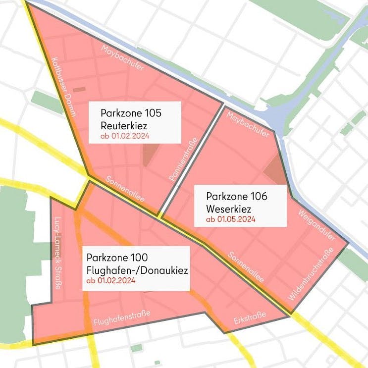 Hier sieht man, wo die neuen Parkzonen 100, 105 und 106 verlaufen.