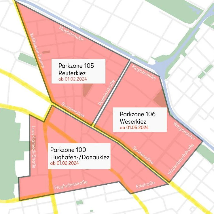 Hier sieht man, wo die neuen Parkzonen 100, 105 und 106 verlaufen.