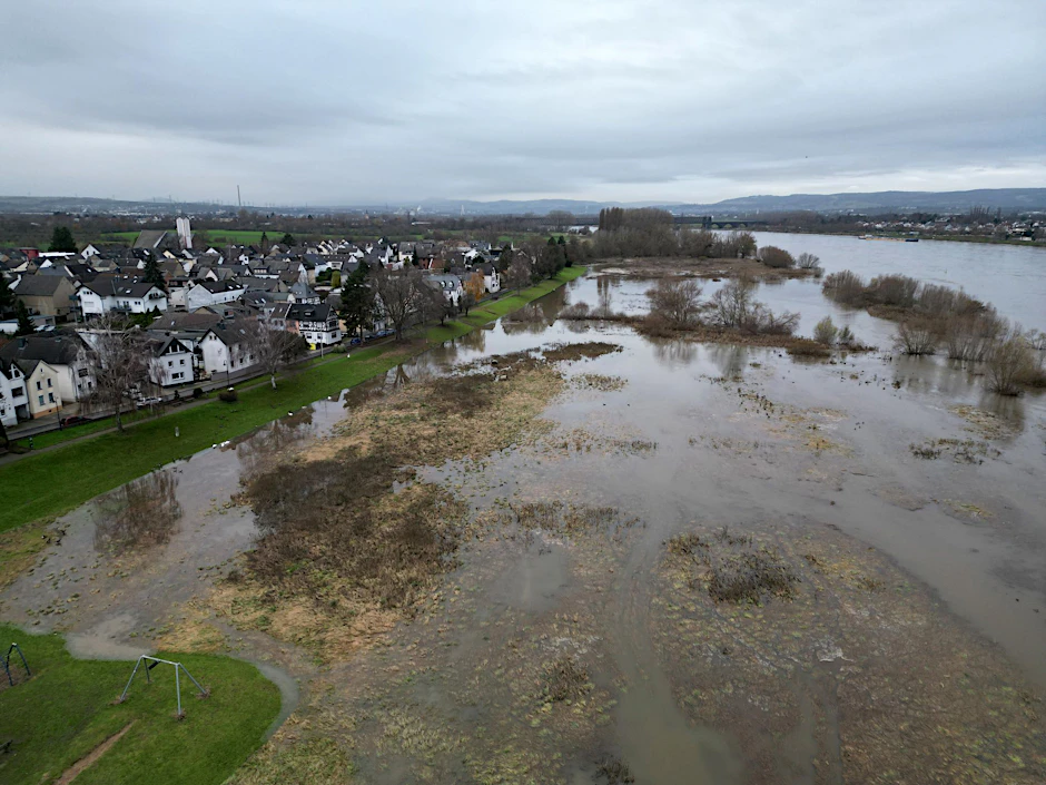 Die Uferwiese von Kaltenengers ist vom Hochwasser des Rheins überflutet.  