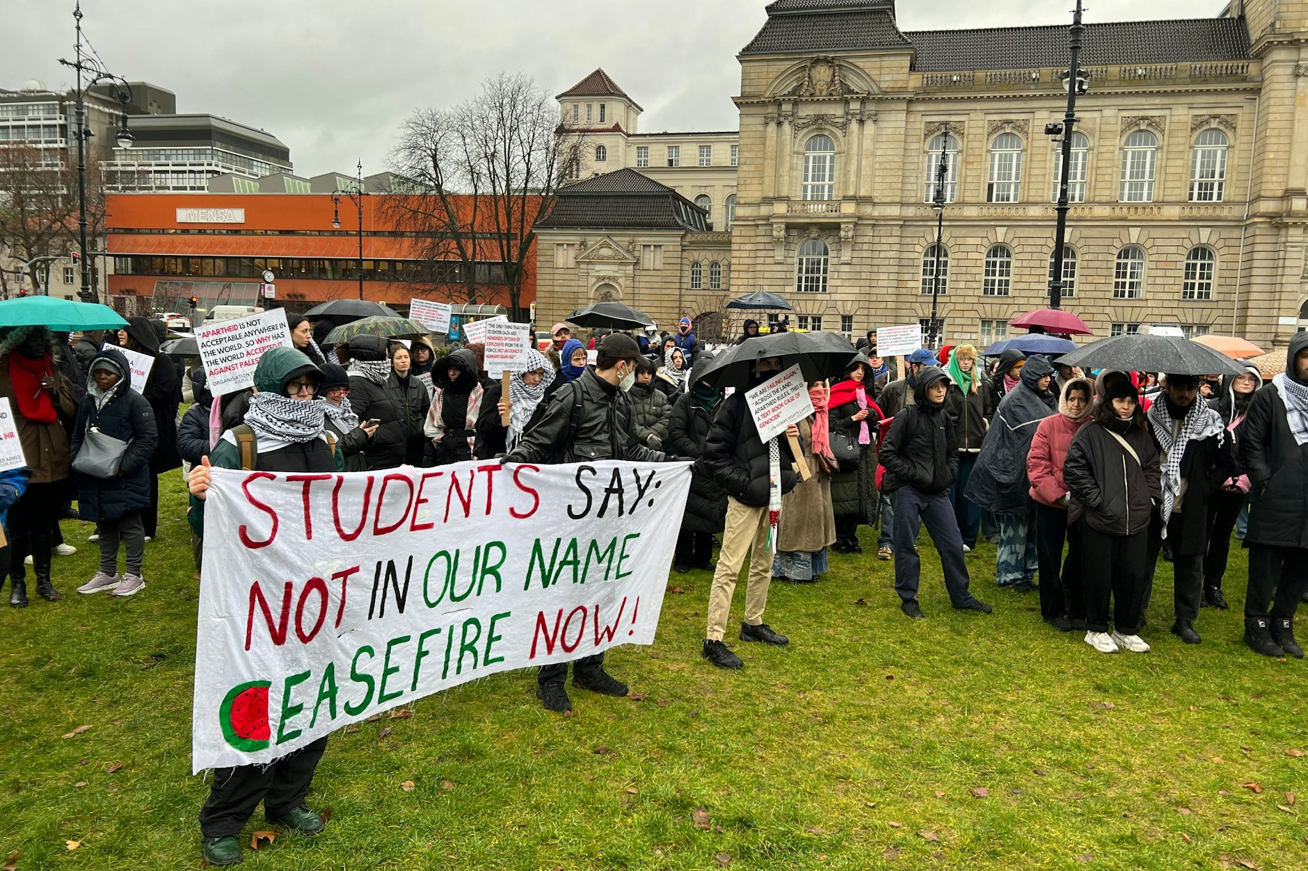 Rund 70 Studenten protestieren am Steinplatz für Palästina.