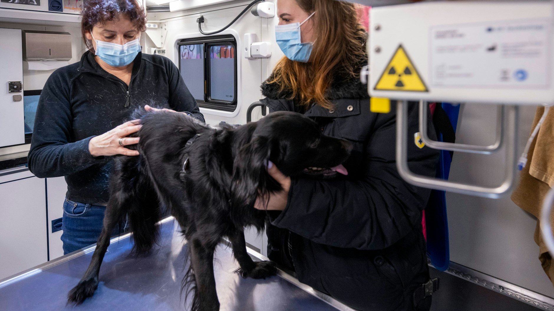 Tierärztin Jeanette Klemmt (l.) untersucht in ihrer mobilen Tierarztpraxis den dreijährigen Hund Skittelz und spricht dabei mit der 21-jährigen Angie, der Besitzerin des Tieres.&nbsp;