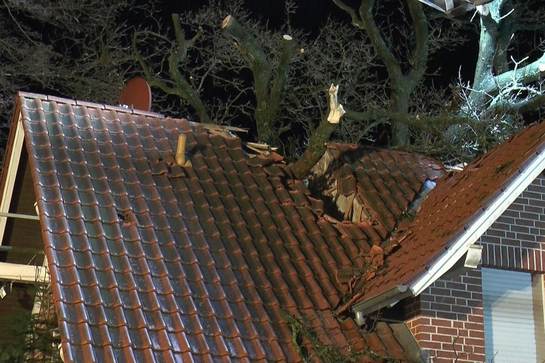In Schapen (Niedersachsen) hat der Sturm einen Baum auf ein Wohnhaus gestürzt.