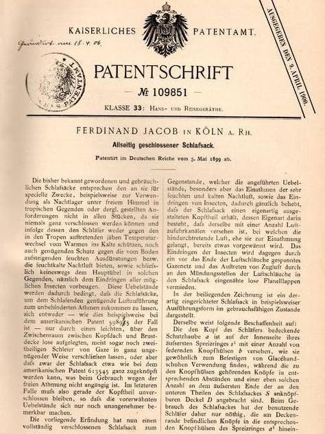 Die Patentschrift für den allseitig geschlossenen Schlafsack