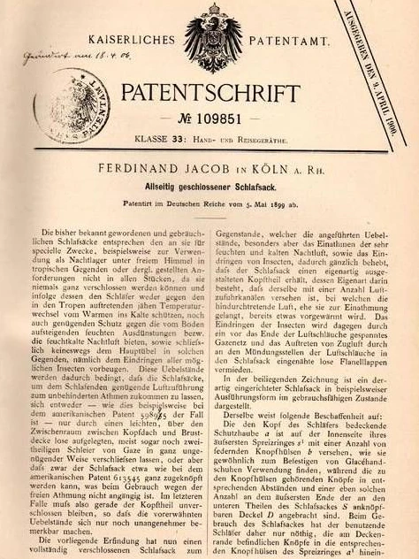 Die Patentschrift für den allseitig geschlossenen Schlafsack