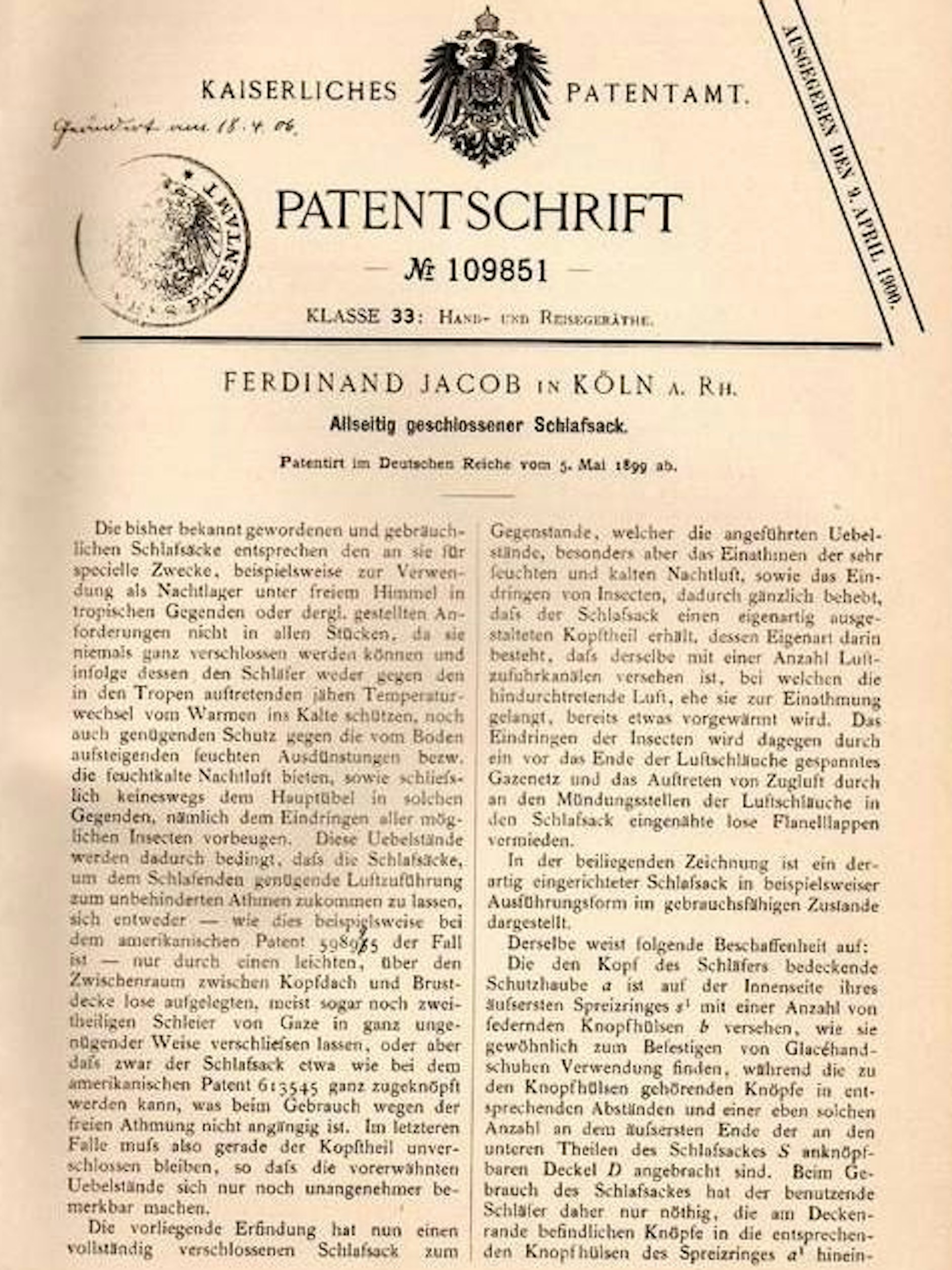 Die Patentschrift für den allseitig geschlossenen Schlafsack