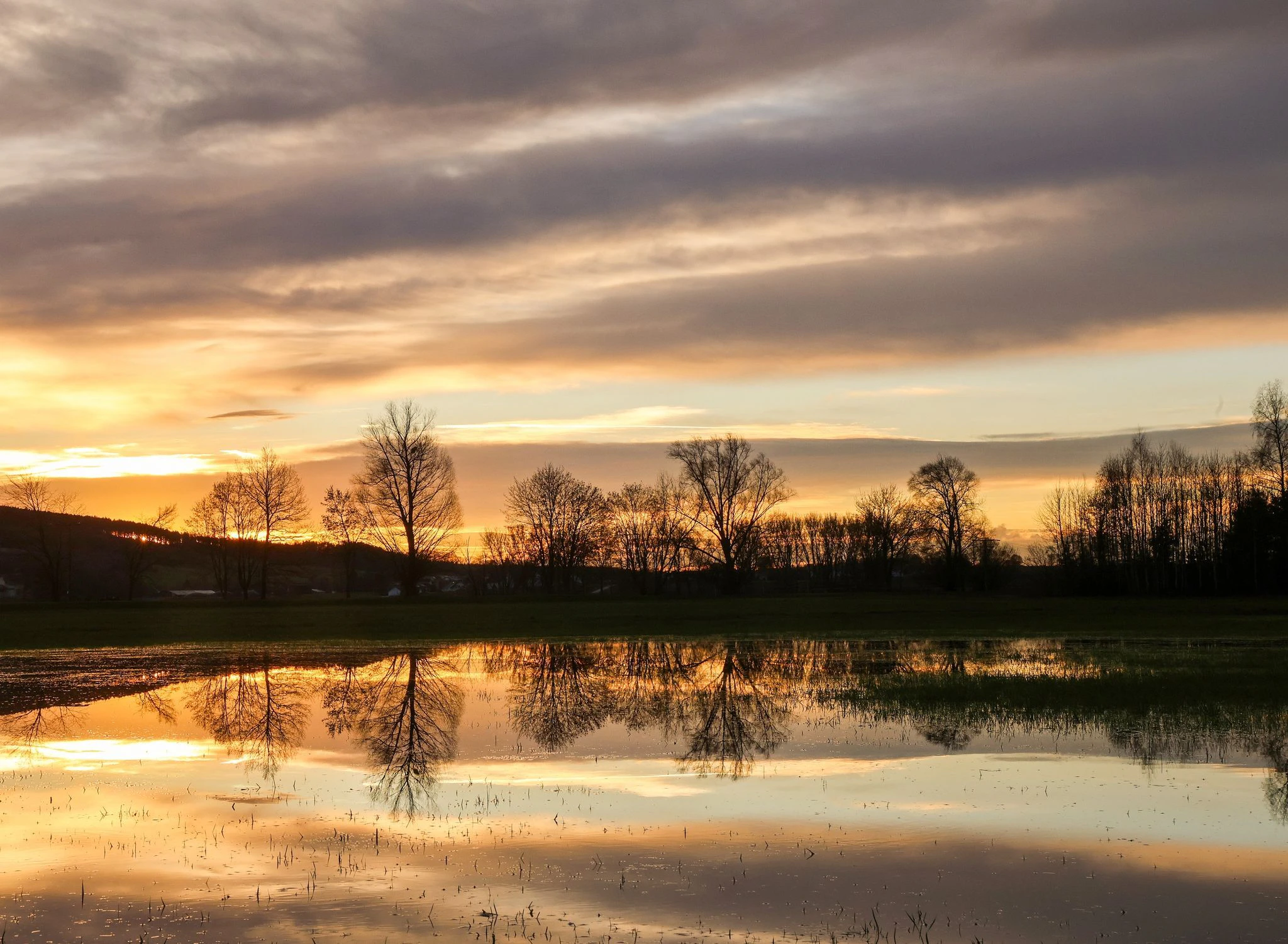 Kurz nach Sonnenaufgang spiegelt sich der Himmel im Hochwasser an der Donau wider.  