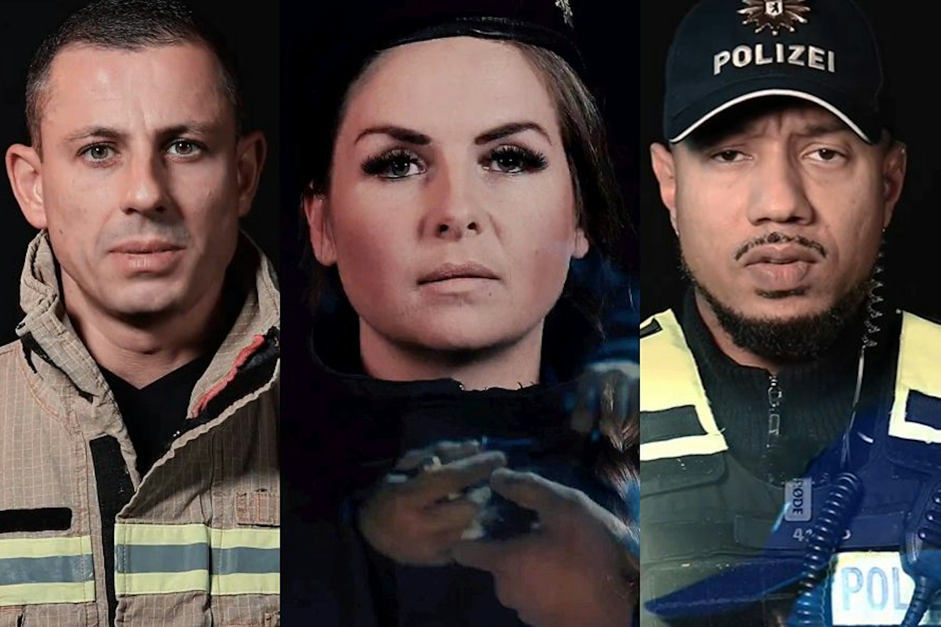 Drei Einsatzkräfte von Berliner Polizei und Feuerwehr: Baris, Anna und Joe. Sie appellieren in einem Video an die Berliner, Silvester friedlich zu feiern.