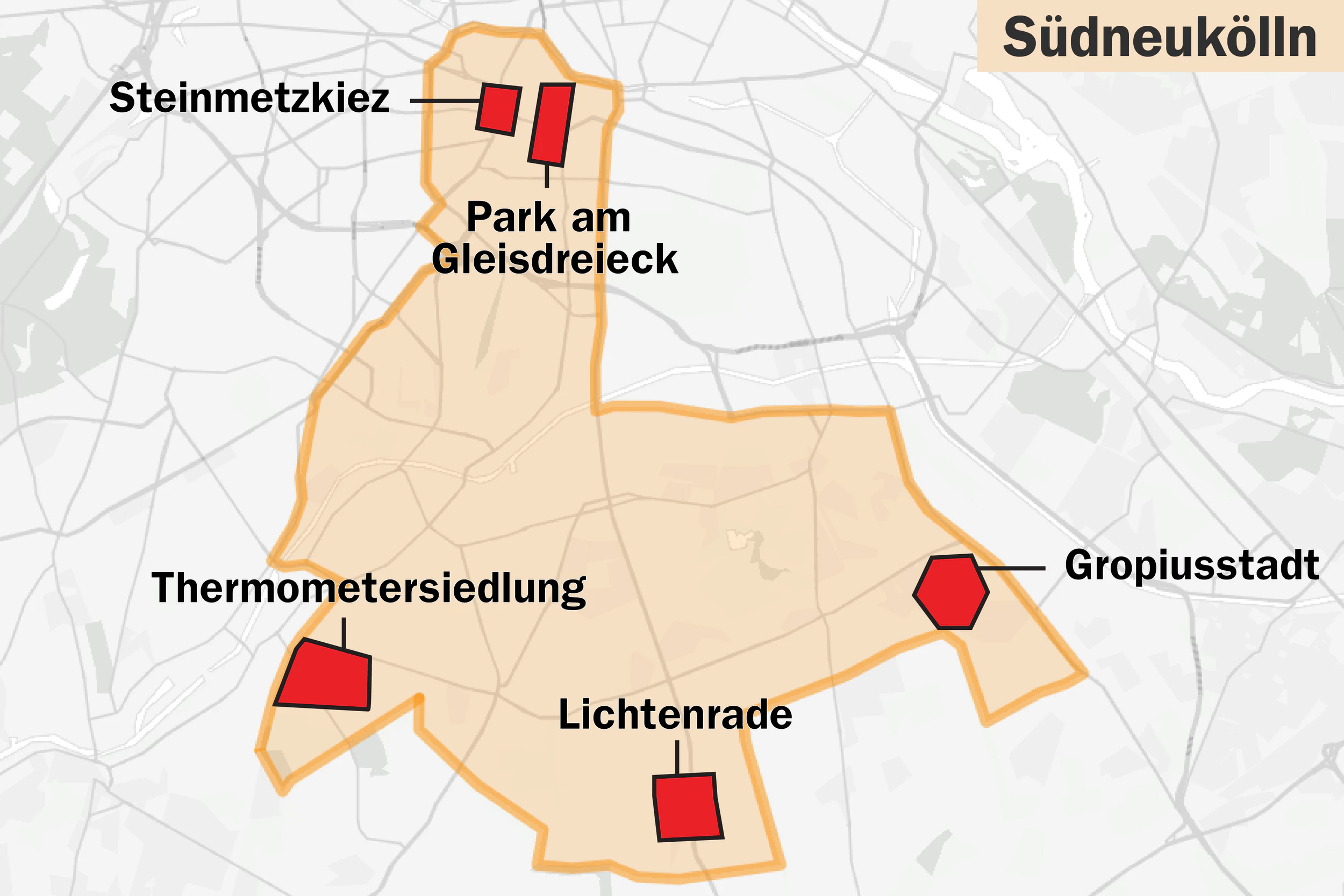 Das Gebiet wird im Süden von der Stadtgrenze, im Osten von der Buschkrugallee und der Gradestraße, im Norden vom Halleschen Ufer und im Westen vom Hindenburgdamm begrenzt.