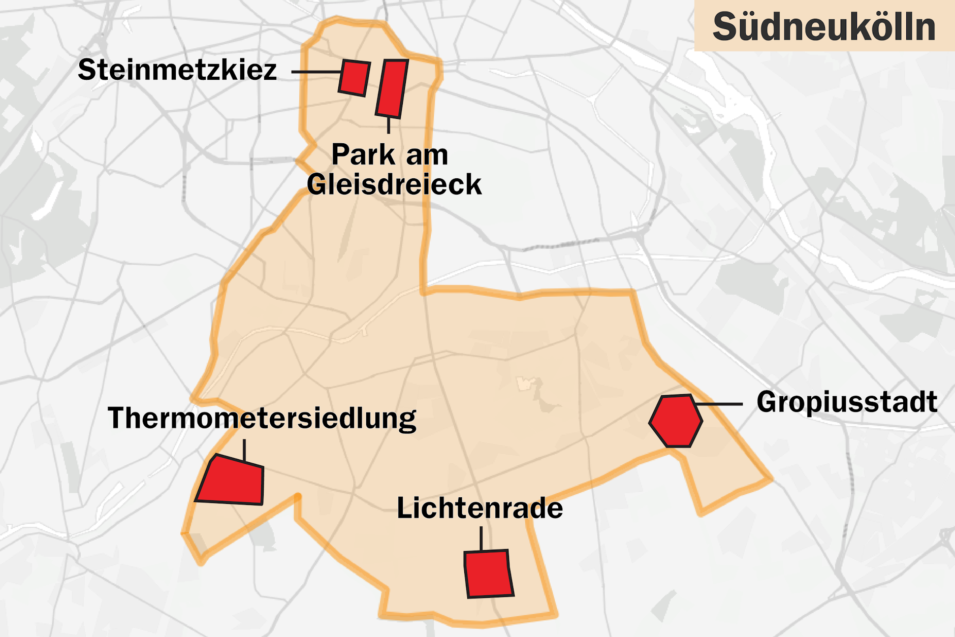 Das Gebiet wird im Süden von der Stadtgrenze, im Osten von der Buschkrugallee und der Gradestraße, im Norden vom Halleschen Ufer und im Westen vom Hindenburgdamm begrenzt.