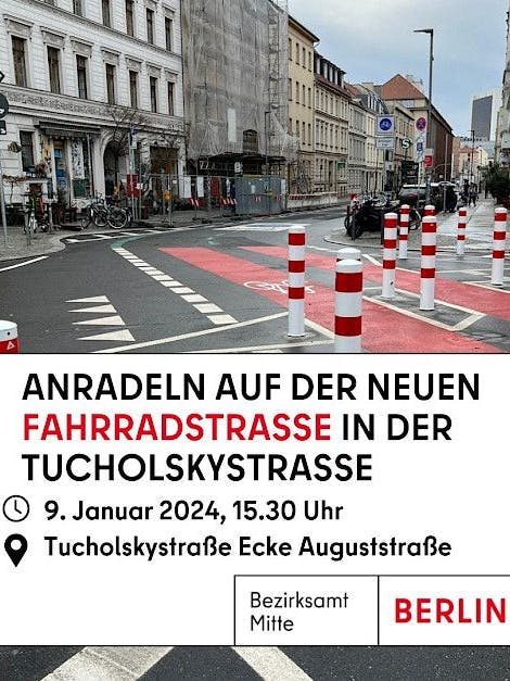 Am 9. Januar lädt Bezirksstadträtin Dr. Almut Neumann zum gemeinsamen „Anradeln“ um 15.30 Uhr an der Kreuzung Tucholskystraße/Auguststraße ein.