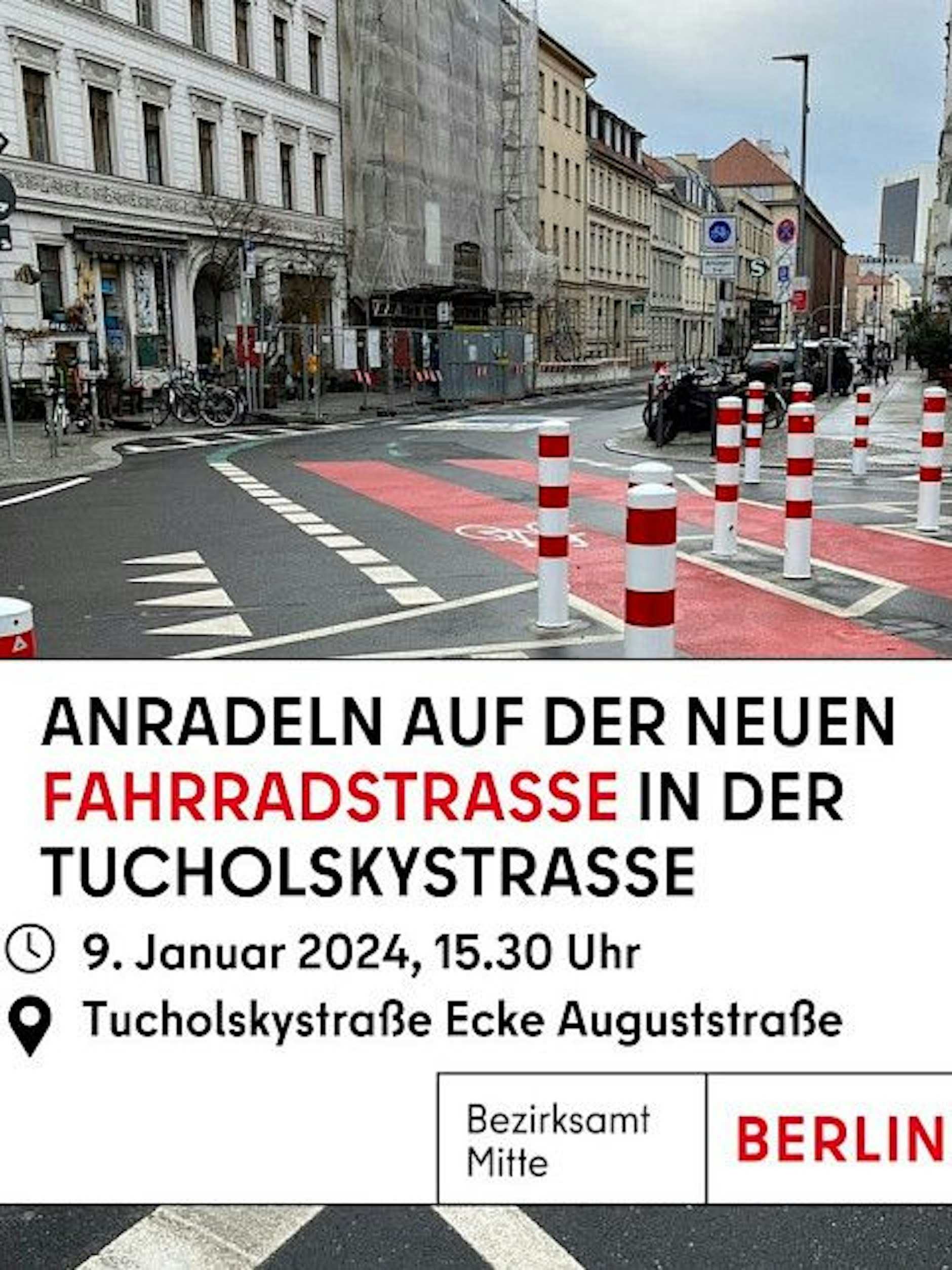 Am 9. Januar lädt Bezirksstadträtin Dr. Almut Neumann zum gemeinsamen „Anradeln“ um 15.30 Uhr an der Kreuzung Tucholskystraße/Auguststraße ein.